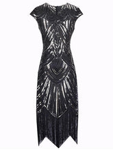 Load image into Gallery viewer, Gold 1920s Crew Neck  Cape Sequined Fringed Flapper Dres