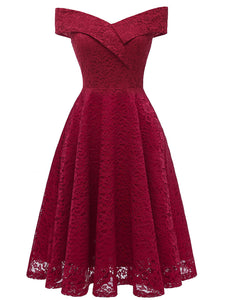 Solid Color Short Sleeve Off the Shoulder A line Vintage Party Dress