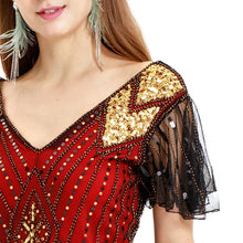 Load image into Gallery viewer, Red Gold 1920s V Neck Sequined Flapper Dres