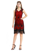 Load image into Gallery viewer, Black Gold 1920s V Neck Sequined Flapper Dres