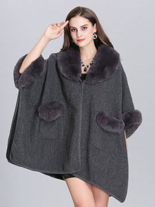 Poncho Knitwear Women Faux Fur Coat Shawl Collar Sweaters