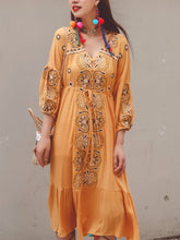 Load image into Gallery viewer, Women&#39;s Bohemian Floral Embroidered V Neck 3/4 Sleeves Front Split Button Maxi Boho Dress