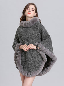 Women Woolen Poncho Faux Fur Shawl Collar Oversized Winter Coat