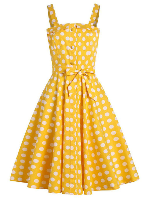 Yellow Polka Dots Vintage 1950S Dress With Belt