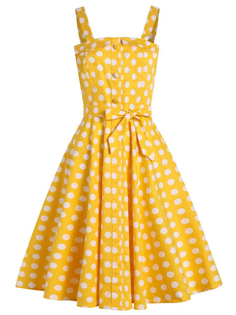 Yellow Polka Dots Vintage 1950S Dress With Belt