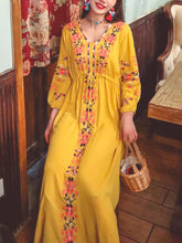 Load image into Gallery viewer, Women&#39;s Bohemian Embroidered Floral V Neck Long Sleeve Cotton Boho Maxi Dress