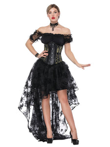 Gothic Costume Halloween Women  Lace  Top Corset And Asymmetrical Skirt