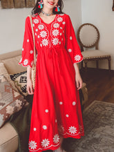 Load image into Gallery viewer, Jolly Vintage Women&#39;s Embroidered Floral 3/4 Sleeves V Neck Boho Dress