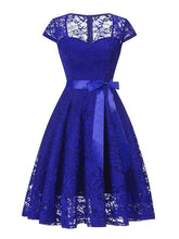 Load image into Gallery viewer, Lace Queen Anne Collar Cap Sleeve Vintage Dress