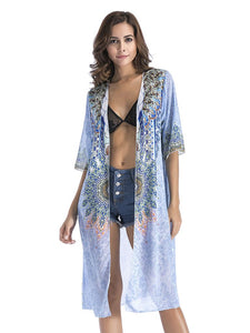 Women's National Printed Long Kimono Cardigan Beach Tops Cover Ups
