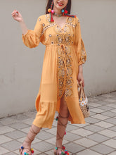 Load image into Gallery viewer, Women&#39;s Bohemian Floral Embroidered V Neck 3/4 Sleeves Front Split Button Maxi Boho Dress
