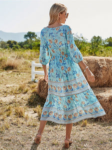 Women's Floral Boho Dress Half Sleeve V Neck Beach Party Dress