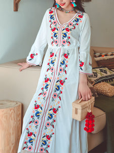 Jolly Vintage Bohemian V Neck Embroidered Floral Flared Long Sleeve Boho Dress