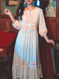 Jolly Vintage 2 Pieces Bohemian Hooded Embroidered Floral 3/4 Sleeve Boho Dress