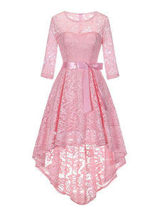 Lace O Neck 3/4 Length Sleeve High Low Hem Vintage Dress