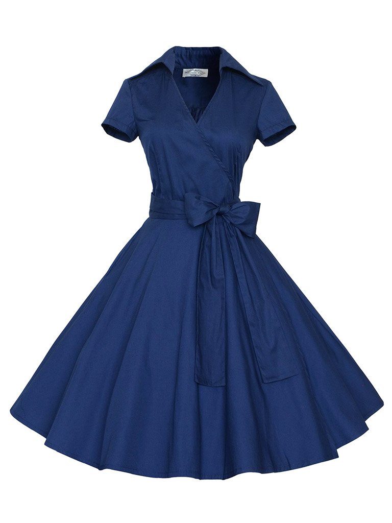 Elegant High Waist V Neck Short Sleeve Solid Color Vintage Dress