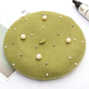 Women Pearl Stars Wool Felt Beret Hat Cap