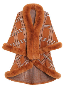 Women Poncho Wrap Faux Fur Collar Double Layer
