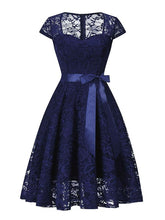 Load image into Gallery viewer, Lace Queen Anne Collar Cap Sleeve Vintage Dress