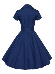 Elegant High Waist V Neck Short Sleeve Solid Color Vintage Dress