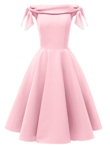 Wine Red 1950s Off Shoulder Bow Dress