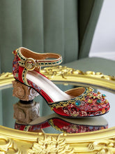 Load image into Gallery viewer, Luxurious Rhinestone Embroidery Floral Block Heel Ankle Strap Vintage Shoes