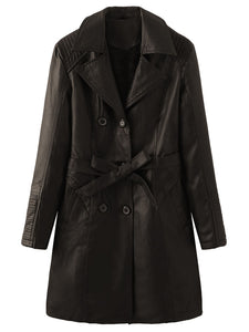Women's Coat PU Leather Turndown Collar Fall Winter Plush Regular Midi Length Coat Solid Color Coat