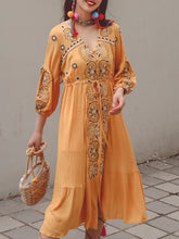 Load image into Gallery viewer, Women&#39;s Bohemian Floral Embroidered V Neck 3/4 Sleeves Front Split Button Maxi Boho Dress