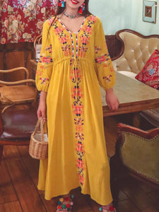 Women's Bohemian Embroidered Floral V Neck Long Sleeve Cotton Boho Maxi Dress