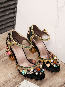 Luxury Floral Gem Studded Heels Ankle Strap Vintage Wedding Shoes