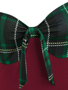1950S Bow Heart Collar Plaid Long Sleeve Swing Dress