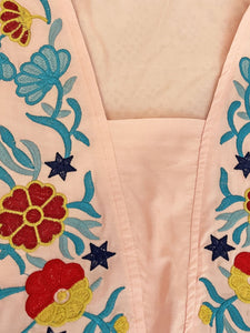 Women's Cotton Embroidered Floral Square Neck Flared Half Sleeve Maxi Boho Dress