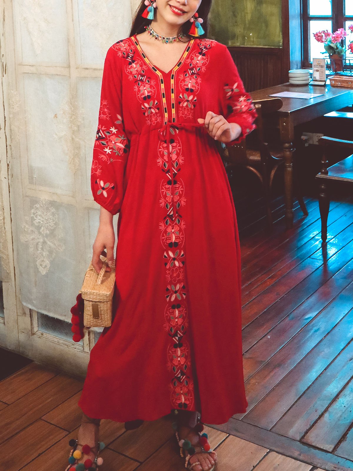 Women's Bohemian Embroidered Floral V Neck Long Sleeve Cotton Boho Maxi Dress, Red / XS Women's Bohemian Embroidered Floral V Neck Long Sleeve Cotton Boho Maxi Dress, Red / XS