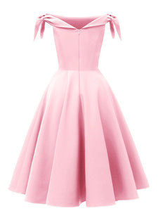 Wine Red 1950s Off Shoulder Bow Dress