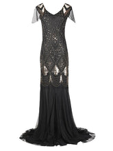 Load image into Gallery viewer, Green 1920s V Neck Sequined Long Flapper Dress