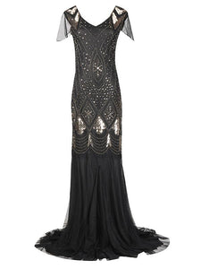 Green 1920s V Neck Sequined Long Flapper Dress