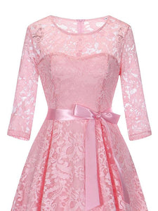 Lace O Neck 3/4 Length Sleeve High Low Hem Vintage Dress