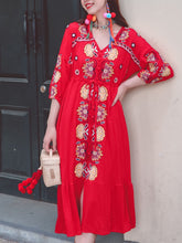 Load image into Gallery viewer, Women&#39;s Bohemian Floral Embroidered V Neck 3/4 Sleeves Front Split Button Maxi Boho Dress