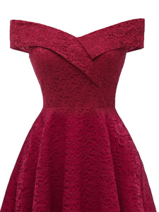 Solid Color Short Sleeve Off the Shoulder A line Vintage Party Dress