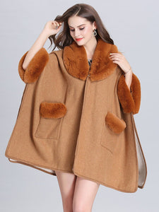 Poncho Knitwear Women Faux Fur Coat Shawl Collar Sweaters