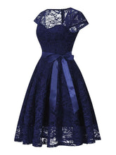 Load image into Gallery viewer, Lace Queen Anne Collar Cap Sleeve Vintage Dress
