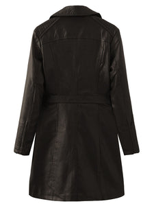 Women's Coat PU Leather Turndown Collar Fall Winter Plush Regular Midi Length Coat Solid Color Coat