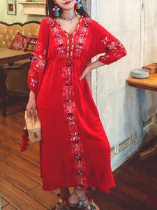 Women's Bohemian Embroidered Floral V Neck Long Sleeve Cotton Boho Maxi Dress