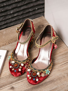 Luxury Floral Gem Studded Heels Ankle Strap Vintage Wedding Shoes
