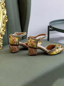 Luxurious Rhinestone Embroidery Floral Block Heel Ankle Strap Vintage Shoes