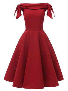 Wine Red 1950s Off Shoulder Bow Dress