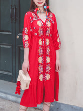 Load image into Gallery viewer, Women&#39;s Bohemian Floral Embroidered V Neck 3/4 Sleeves Front Split Button Maxi Boho Dress