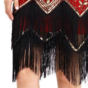 Wine Red 1920s V Neck Sequined Fringed Flapper Dres