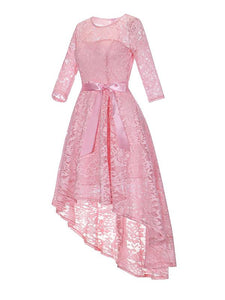 Lace O Neck 3/4 Length Sleeve High Low Hem Vintage Dress