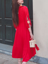 Load image into Gallery viewer, Women&#39;s Bohemian Floral Embroidered V Neck 3/4 Sleeves Front Split Button Maxi Boho Dress